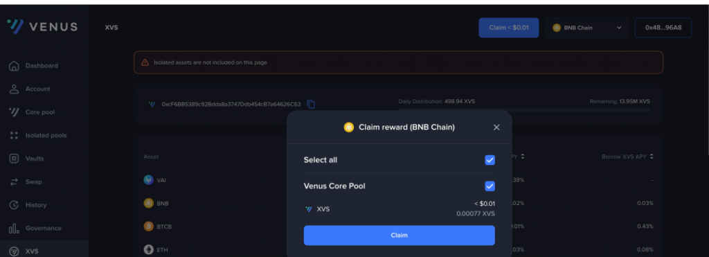 借贷平台 VENUS,用户在资金池提供了usdt,不但可以获得同样的usdt利息,还会给与VENUS治理代币XVS的奖励
