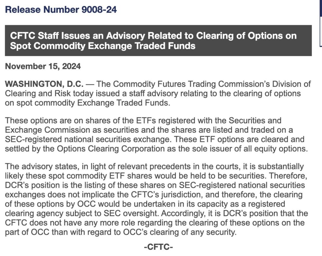 美国商品期货交易委员会(CFTC)刚刚发布通知,批准上市现货BTC ETF期权